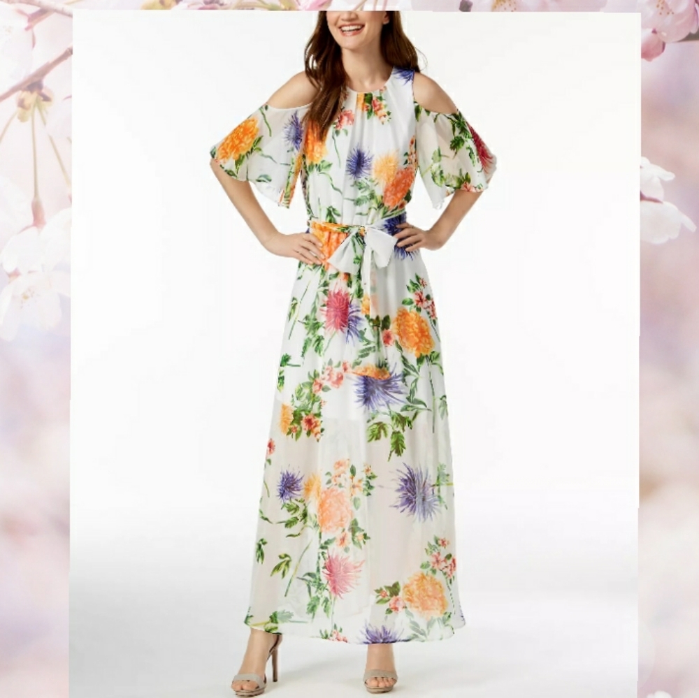 Calvin Klein Floral Cold Shoulder Belted Chiffon Maxi dress - Picture 15 of 15